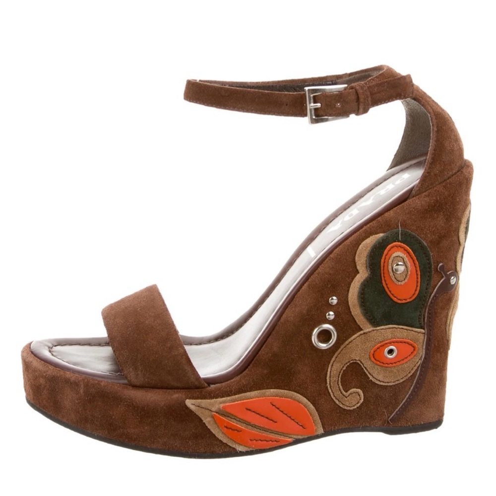 Prada Brown Suede Wedge Heels with Orange Accents